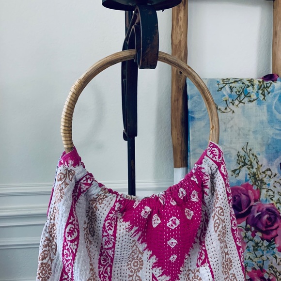 SARI-BARI BOHO PATCHWORK BEACH TOTE BAG BRUSHED COTTON OVERSIZED BAMBOO HANDLE - Picture 8 of 16